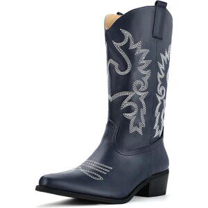 Women Navy Blue Manmade Material Mid Calf Embroidered Low Heel Pointed Toe Boots